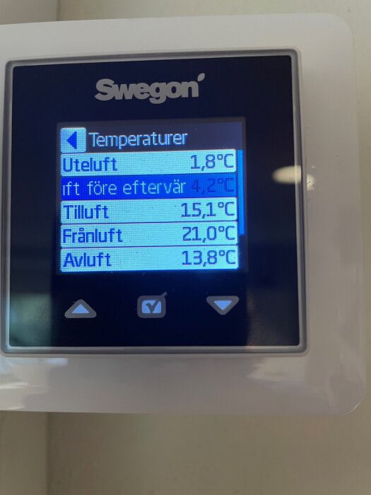 Digital display visar temperaturer för uteluft, tilluft och avluft i ventilationssystem från Swegon.