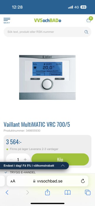 Termostat från Vaillant, inomhustemperaturvisning, prisinformation och köpalternativ på webbsida.