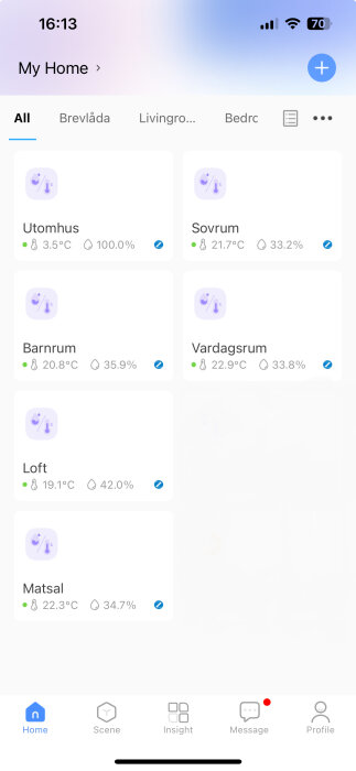 Smart hem-app som visar temperatur och luftfuktighet i olika rum.