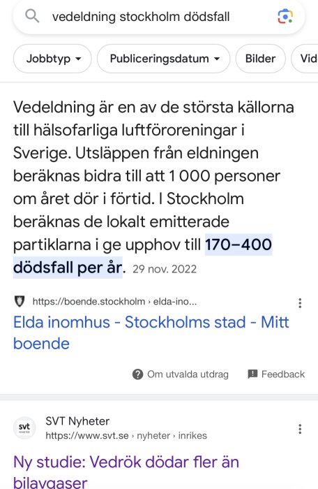 Sökmotorresultat om vedeldning, luftföroreningar, för tidiga dödsfall i Stockholm, information från november 2022.