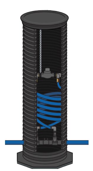 Sektionsvis illustration av en cistern eller silo med interiör synlig, inkluderar spiraltrappa och plattformar.