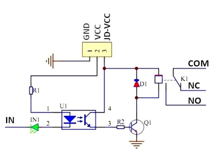 Elektriskt kretsschema, optokopplare, transistor, diod, motstånd, reläkontakt.