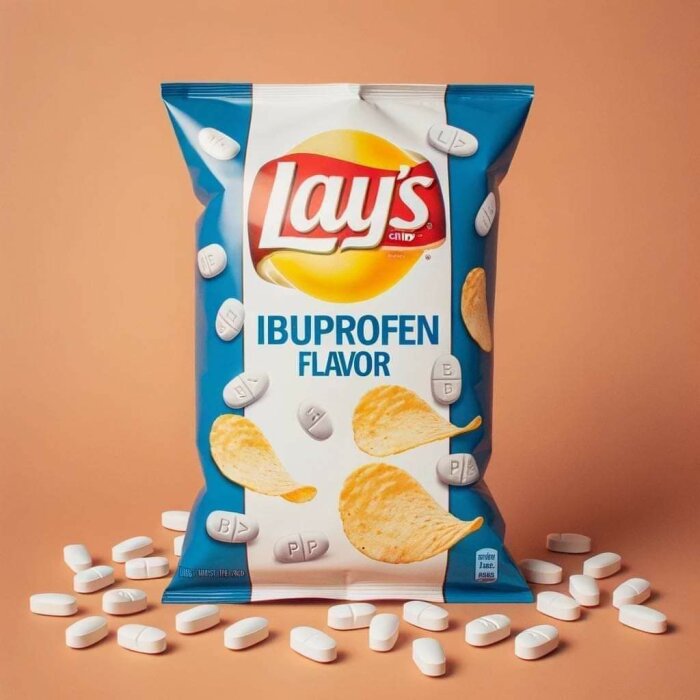 Lay's-chips påse med texten "Ibuprofen Flavor", omgiven av vita tabletter, mot ljusorange bakgrund.