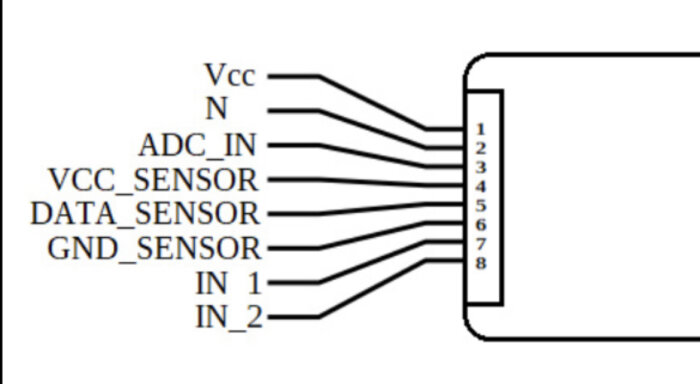 Elektroniskt skematiskt diagram som visar kopplingar till en åttapinnars anslutning.