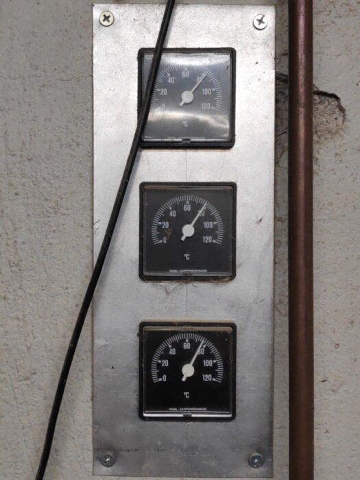 Tre analoga temperaturmätare monterade på en metallplatta med kablar och rör. Slitage och ålder syns.