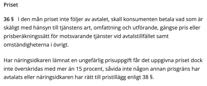 Svensk text om konsumentlagstiftning angående priset för tjänster och prissättningsregler.