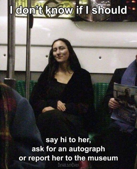 Kvinna liknar Mona Lisa, humoristisk text, antyder förväxling, fotograferad i kollektivtrafik, natt.