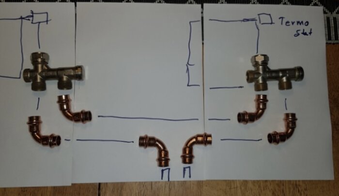 Ritning och kopparrör som illustrerar en plan för rörinstallation, möjligen för VVS-arbeten, med anteckningar.