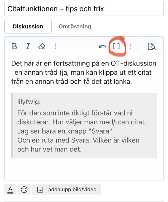 Skärmdump av ett forum där användaren diskuterar citatfunktionen och hur man svarar på inlägg.