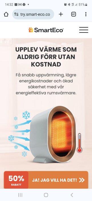 Webbsida för rumsvärmare, reklam för värme utan hög kostnad, 50% rabatt erbjudande.