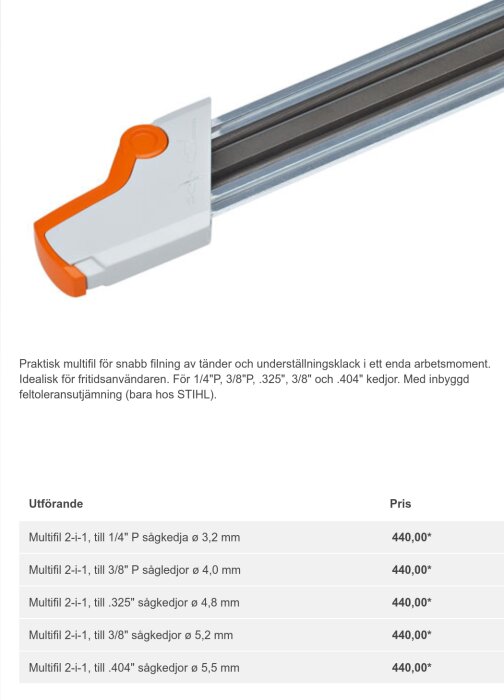 Multifil för sågkedjor med mjukt handtag, metallguide och prisinformation, i en produktannons.