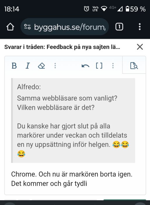 Skärmdump av ett foruminlägg med textdialog, emojier och ofullständig mening.