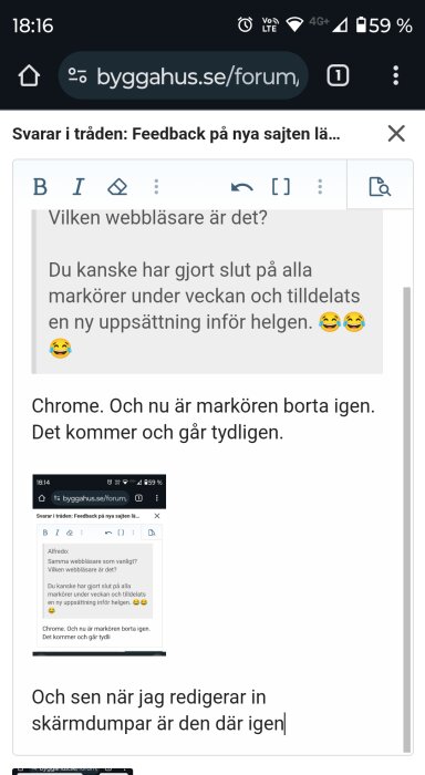 Skärmdump av en webbläsare visar forumkonversation, text om webbläsartyp, markörproblem.