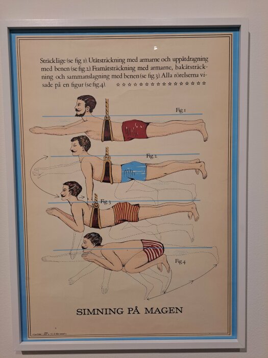 Illustration av simövningar med beskrivande text och numererade figurer. Vintage stil, inlärningsmaterial, rörelsesekvenser.