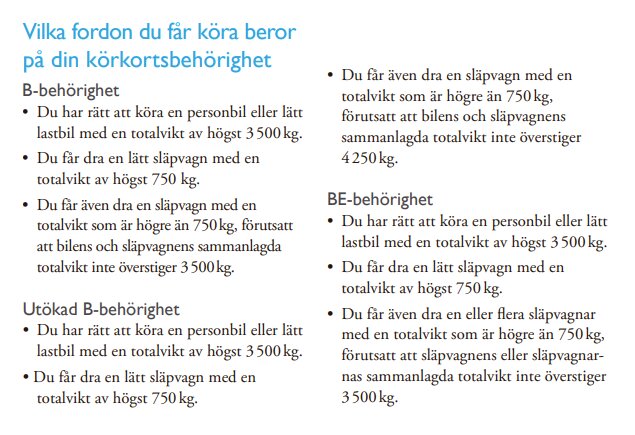 Text som beskriver olika körkortsbehörigheter B, Utökat B, och BE, för olika typer av fordon och släpvagnar.