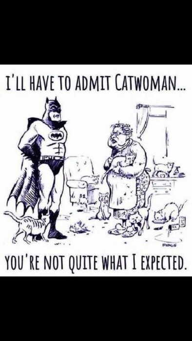 Svartvit komisk bild: Batman överraskad av oväntad Catwoman omgiven av katter, humoristisk twist.