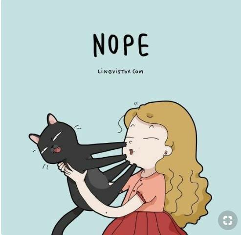 Tecknad bild, flicka i röd klänning pussar ovillig svart katt, ordet "NOPE" ovanför, ljusblå bakgrund.