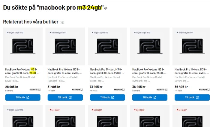 Sökresultat för MacBook Pro, olika modeller och priser, onlinebutik, ingen lagerinformation, fri frakt.