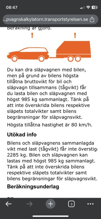 Skärmklipp, informationsgrafik, bil och släpvagn, beräkning av högsta tillåtna lastvikt, hastighetsbegränsning, orange och vit.