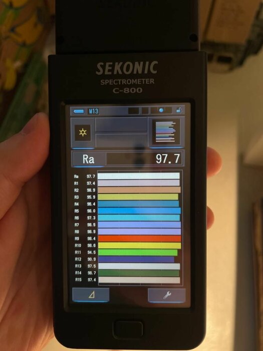 En hand håller en SEKONIC C-800 spectrometer som visar färgspektrum och ljusvärden på skärmen.