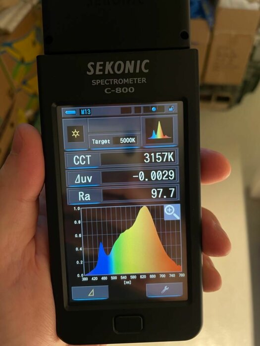 Hand håller en spektrometer som visar ljusets färgtemperatur och spektral distribution.