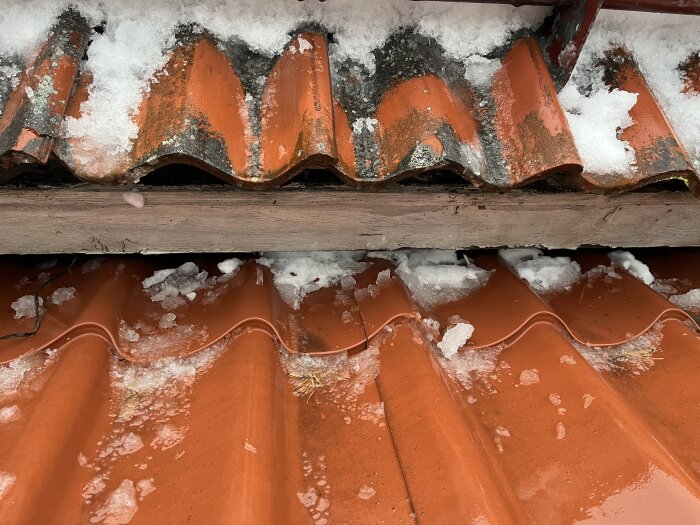 Röda takpannor delvis täckta av smältande snö och is; träbjälke synlig längst upp.