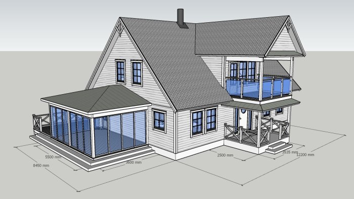 3D-modell av tvåvåningshus med veranda, måttangivelser, skissad i CAD-program, gråskala, ingen landskap eller inredning.