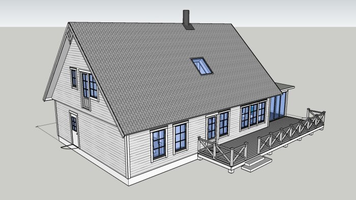 3D-modell av ett hus med sadeltak, skorsten, fönster och framträdande veranda.