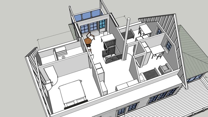 3D-modell av en lägenhet. Öppen planlösning, möbler, trappa, balkong. Skissartad, arkitektonisk rendering.