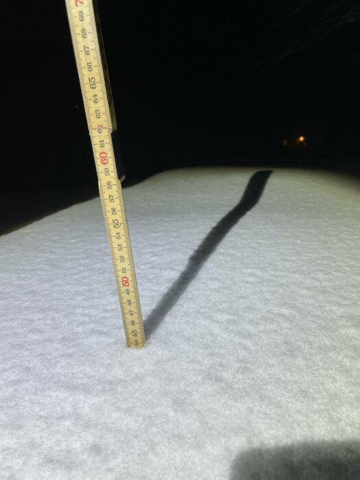 Måttstock i snö visar snödjup, mörk bakgrund, markant skugga.