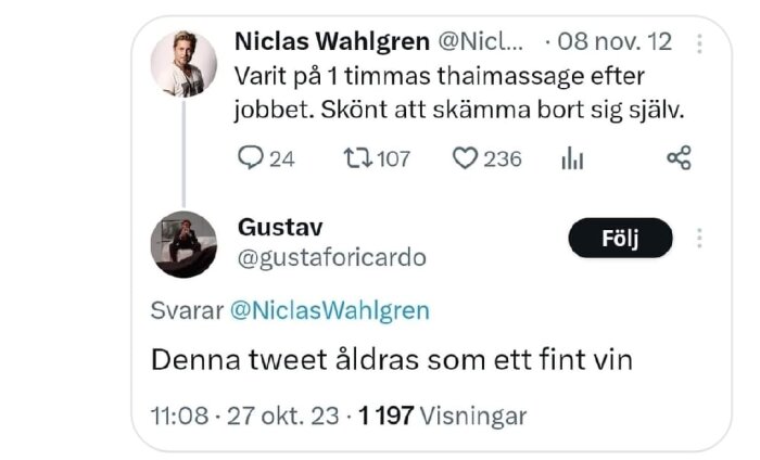 Skärmdump av Twitter-konversation där en person skämtar om en äldre tweet.