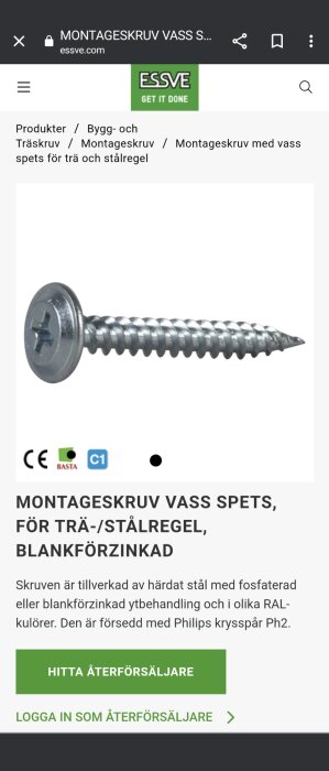 Webbsida med montageskruv för trä- och stålregel, blankförzinkad, Philips krysspår Ph2.