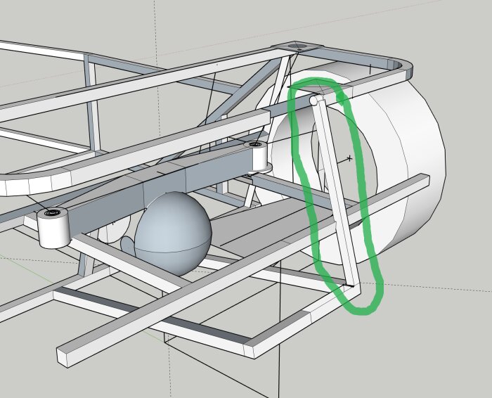 CAD-ritning av flygplans chassi med markering på nosstruktur.