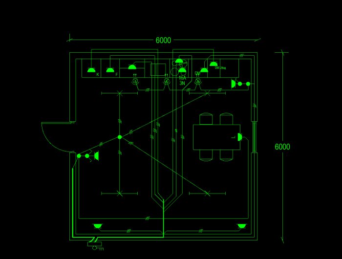 Schematisk elektrisk ritning eller planlösning, grön linje på svart bakgrund, symboler, text, måttangivelser.