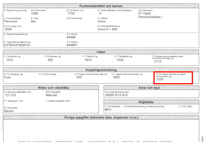 Svensk fordonsregistrering, tekniska specifikationer, blå Volvo 1998, tjänstevikt, maxlast, totalvikt, däckdimension, miljöfakta.