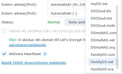 Skärmdump av DDNS-inställningar med olika domännamnsalternativ och Let's Encrypt-certifikathämtning.