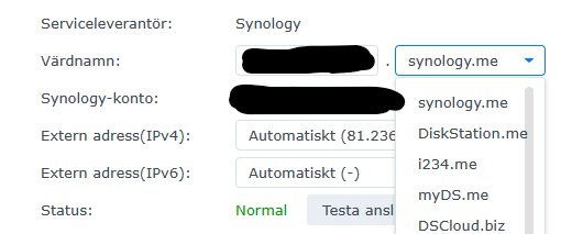 Skärmdump av inställningar, Synology, värdnamn, externa adresser, status av nätverksenhet eller tjänst, delvis maskerad information.