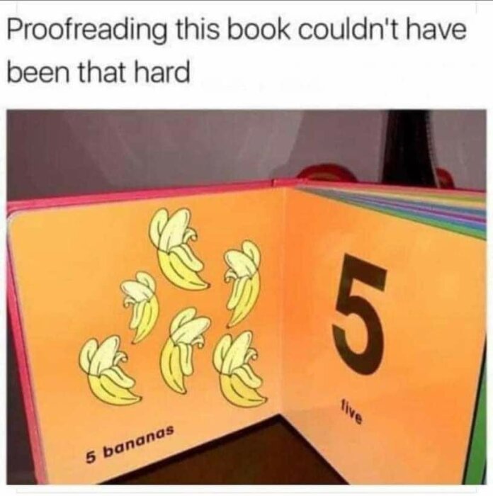 En barnbok med sex bananer illustrerade, felmärkt som "5 bananas". Ironiskt skämt om korrekturläsning.