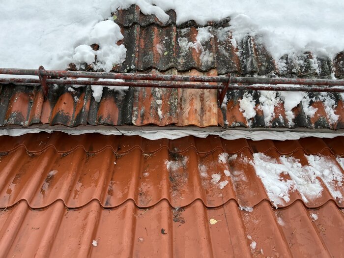 Tegelrött hustak med snö och is, smältvatten och rännor för avrinning, vinterväder.