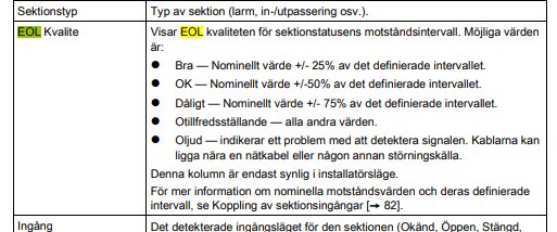 Svensk text om EOL-kvalitet, sektionstyper och signalstatus med olika standardvärden och indikationer.