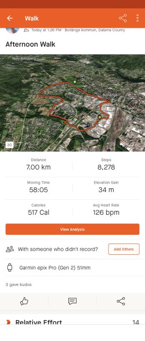 Skärmavbild av promenadaktivitet: 7 km, 8278 steg, 58 minuter, Borlänge, 517 kcal, höjdvinst.