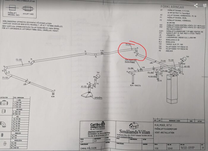 Teknisk ritning för ventilationssystem, markerad detalj, dimensioner, företagsinformation, anmärkningar, värmeåtervinning.