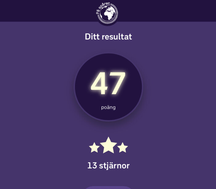 En skärmdump visar poängresultat 47 och 13 stjärnor på en mörklila bakgrund.