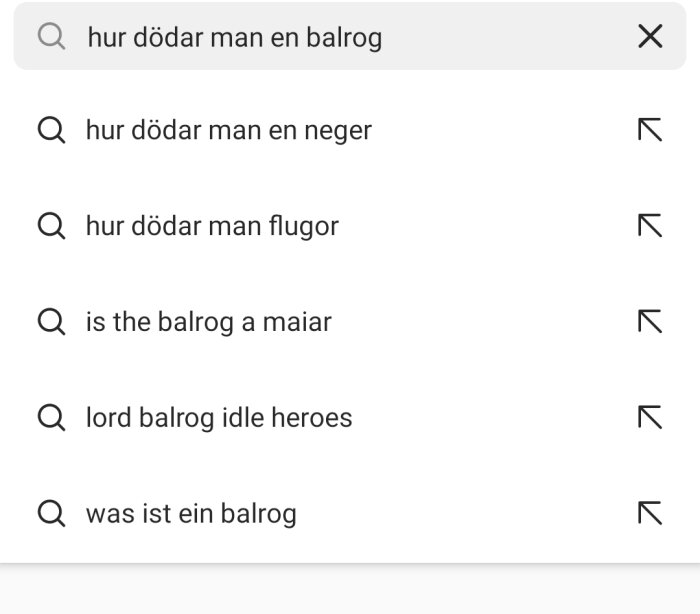 Skärmdump av sökhistorik i sökmotor med flera frågor, vissa relaterade till Balrog från Tolkiens värld.