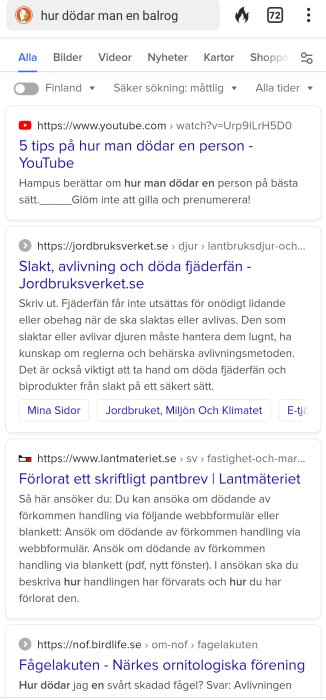 Sökmotorsida, förväxlar "balrog" med olämpligt innehåll om dödande, blandade webbresultat, missförstånd.