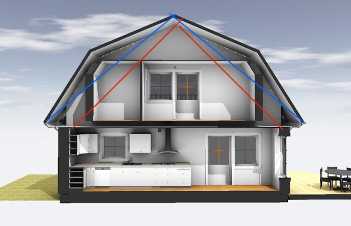 Tvåvåningshus i sektion, datormodell, möblerat, trädgårdsdel, modernt, visualisering av inre struktur.