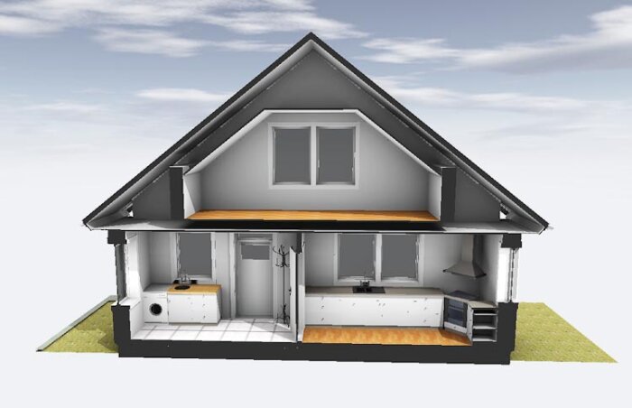 3D-sektion av litet hus med kök, badrum, sovrum, vardagsrum, takfönster och gräsplätt.