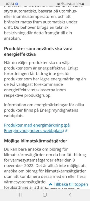 Svensk text om energieffektiva produkter och klimatskärmsåtgärder, informationslänk, datum och tidsangivelse.