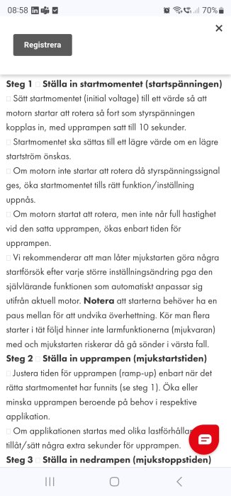 Instruktioner för inställning av motorstart, upp- och nedrampning. Steg för mjukstart av motor.