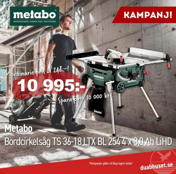 Reklam för Metabo bordscirkelsåg med rabatterat pris och man i arbetskläder.